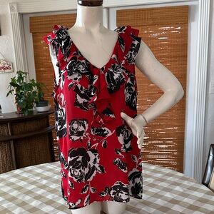 Jones New York Red and Black Floral Ruffle Tank Top